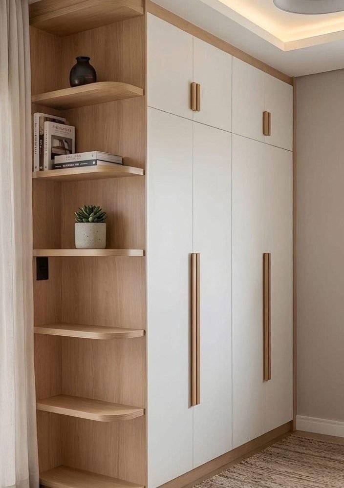 Wardrobe with open corner shelves in oak and white lacquer