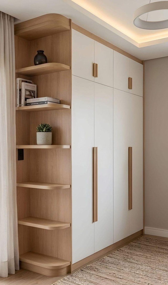 Wardrobe with open corner shelves in oak and white lacquer