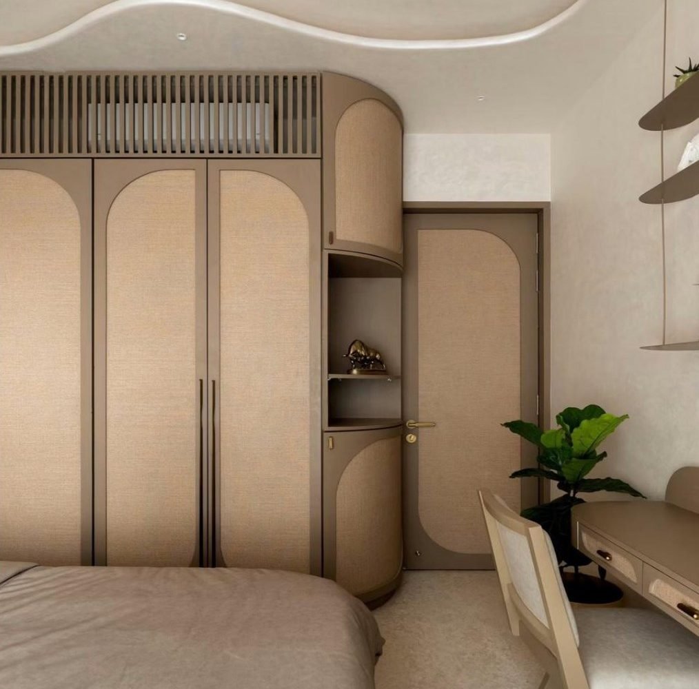 Arched fabric wardrobe with matching door and curved ceiling