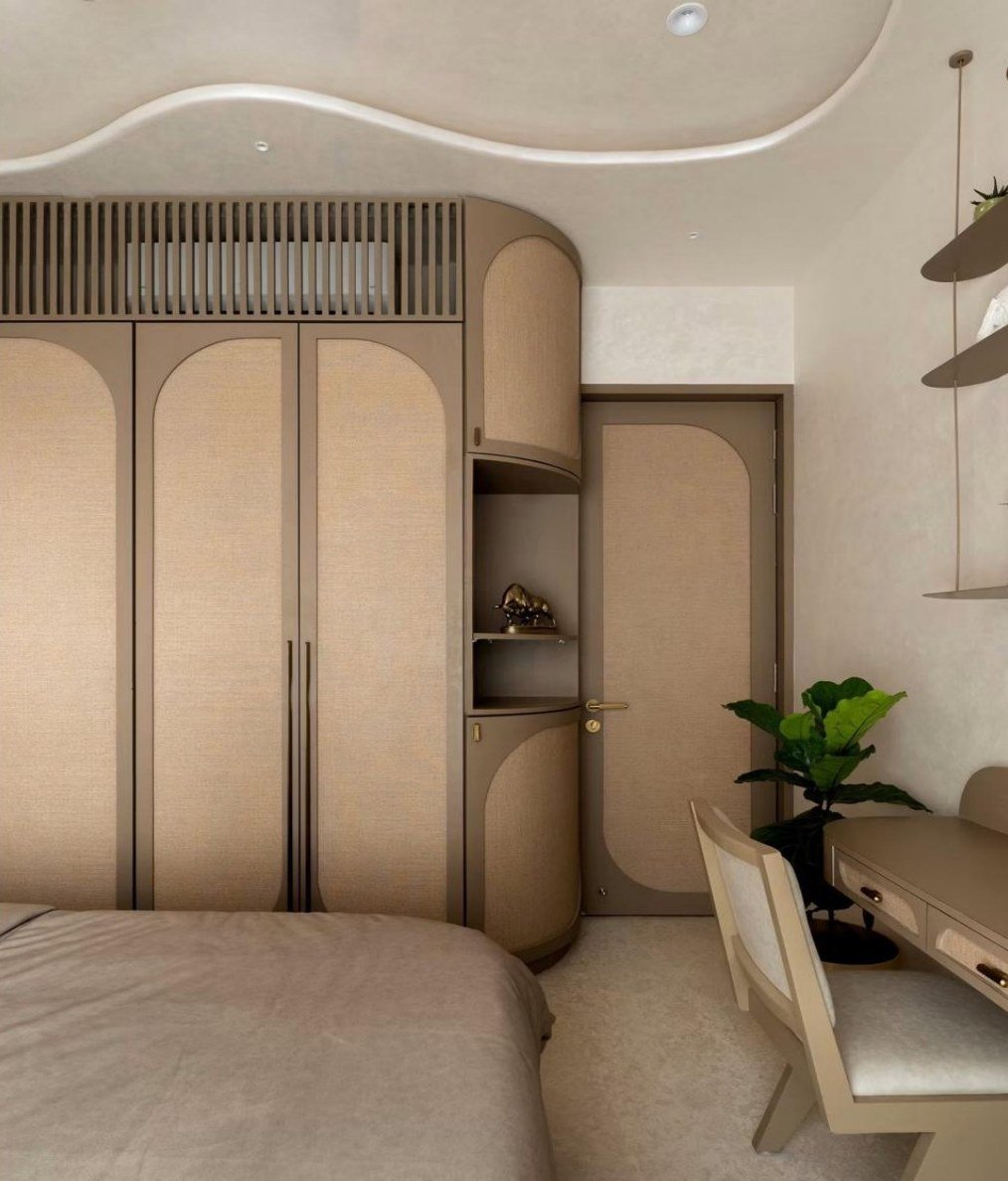 Arched fabric wardrobe with matching door and curved ceiling